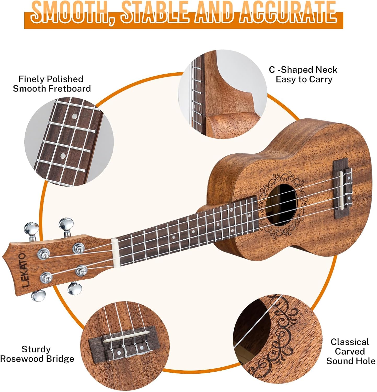 LEKATO 21" Soprano Ukulele Kit w/ Bag Strap Tuner Strings Picks Gift(Currently only the United States and some European countries have stocks)