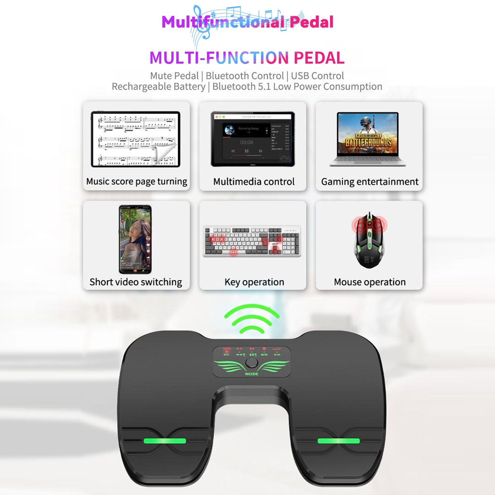 Portable Wireless Page Turner Pedal Rechargeable Bluetooth Foot Pedal
