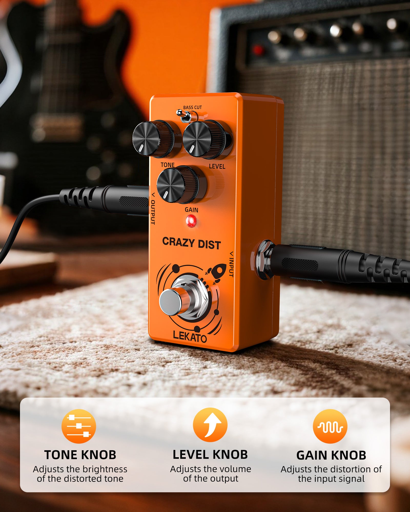 LEKATO DS-02 CRAZY DIST Distortion Effect Pedal Bass Cut/Dist Modes for Electric Guitar