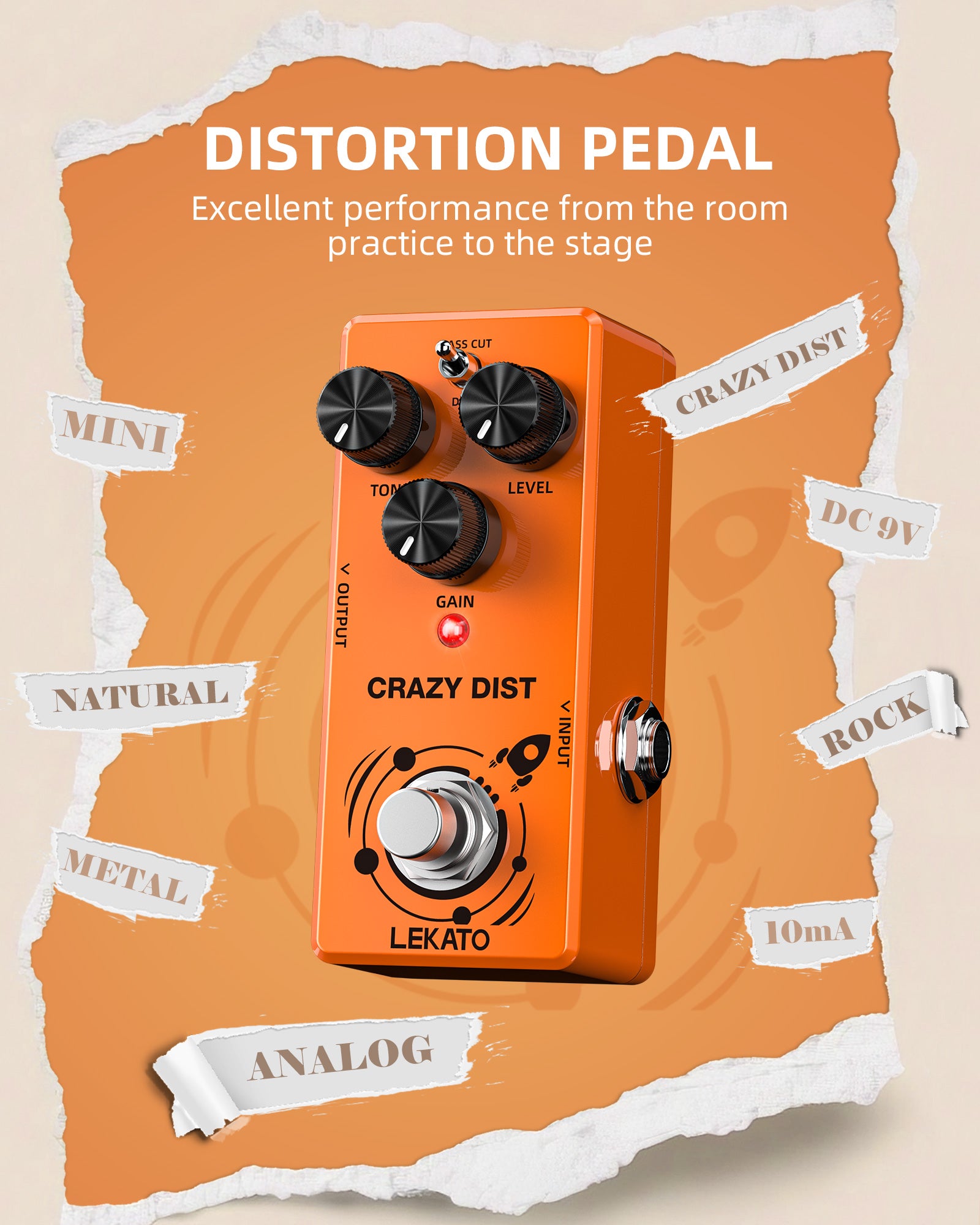 LEKATO DS-02 CRAZY DIST Distortion Effect Pedal Bass Cut/Dist Modes for Electric Guitar