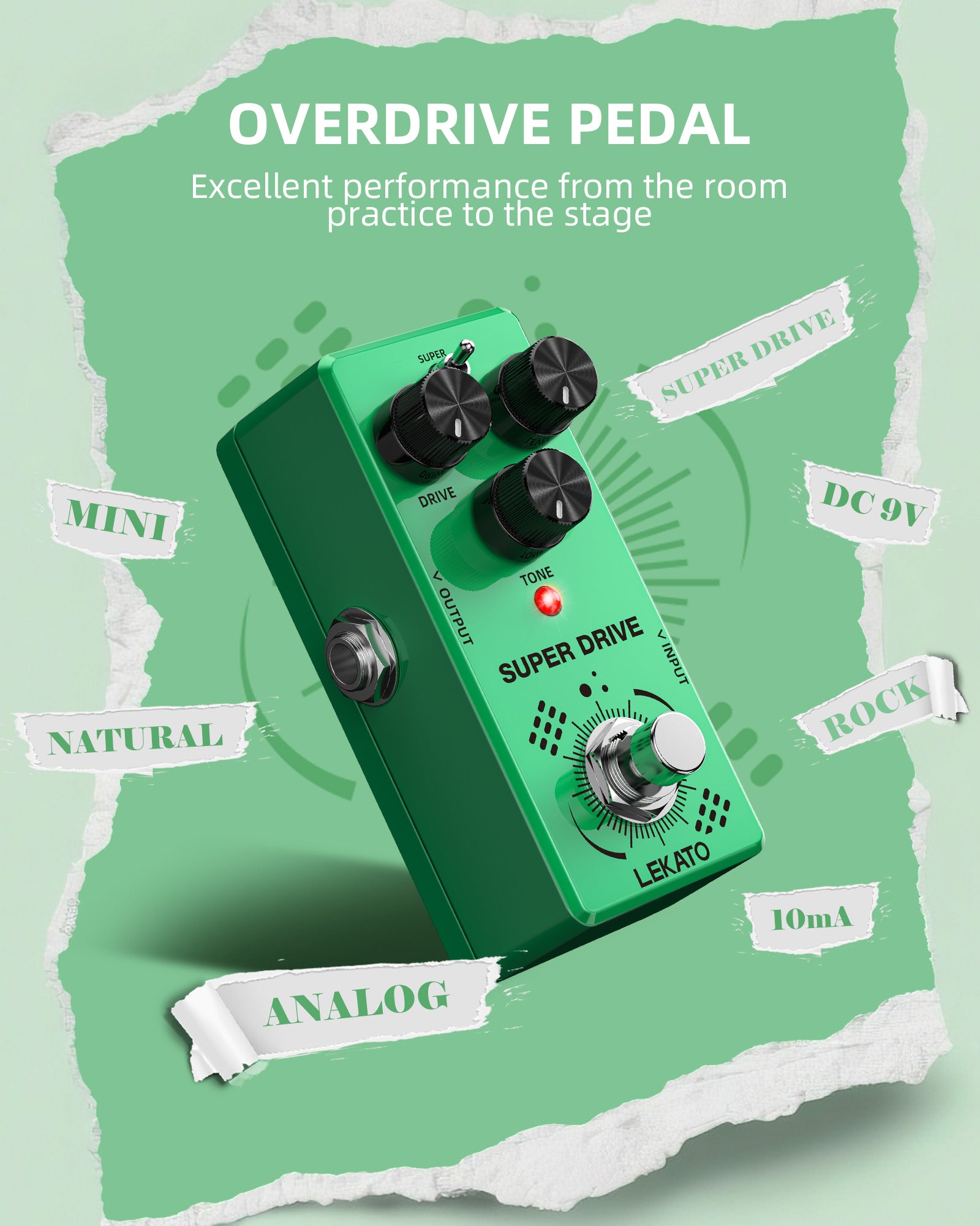 LEKATO OD-02 SUPER DRIVE Guitar Pedal TS Green Box Overdrive Super/Normal Modes