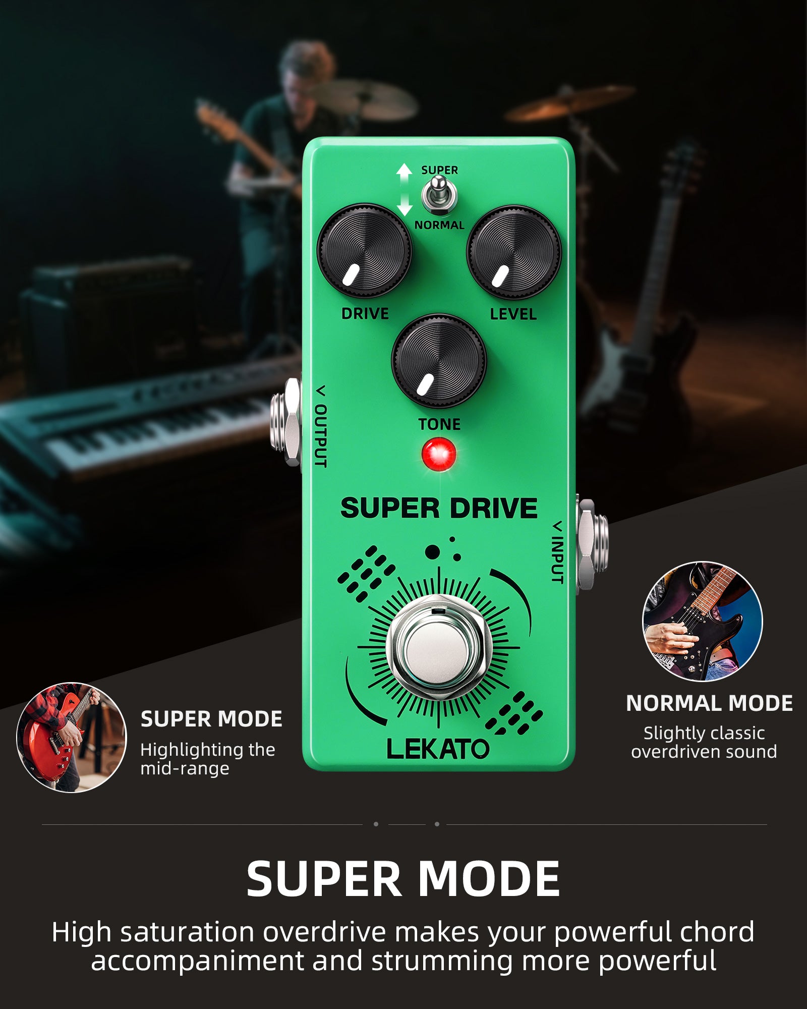 LEKATO OD-02 SUPER DRIVE Guitar Pedal TS Green Box Overdrive Super/Normal Modes