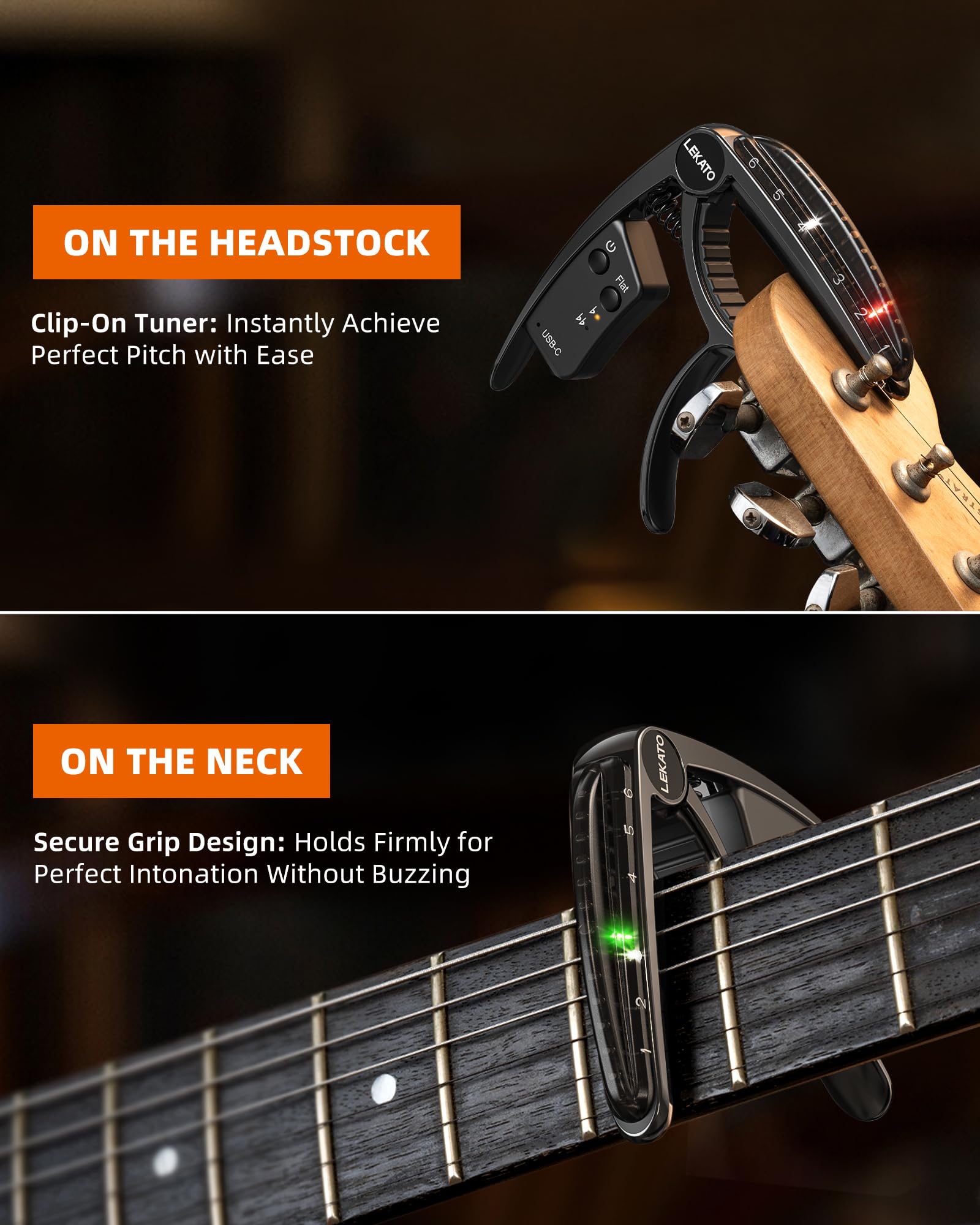 LEKATO TC50 2 In 1 Guitar Capo Tuner Electroplating Black
