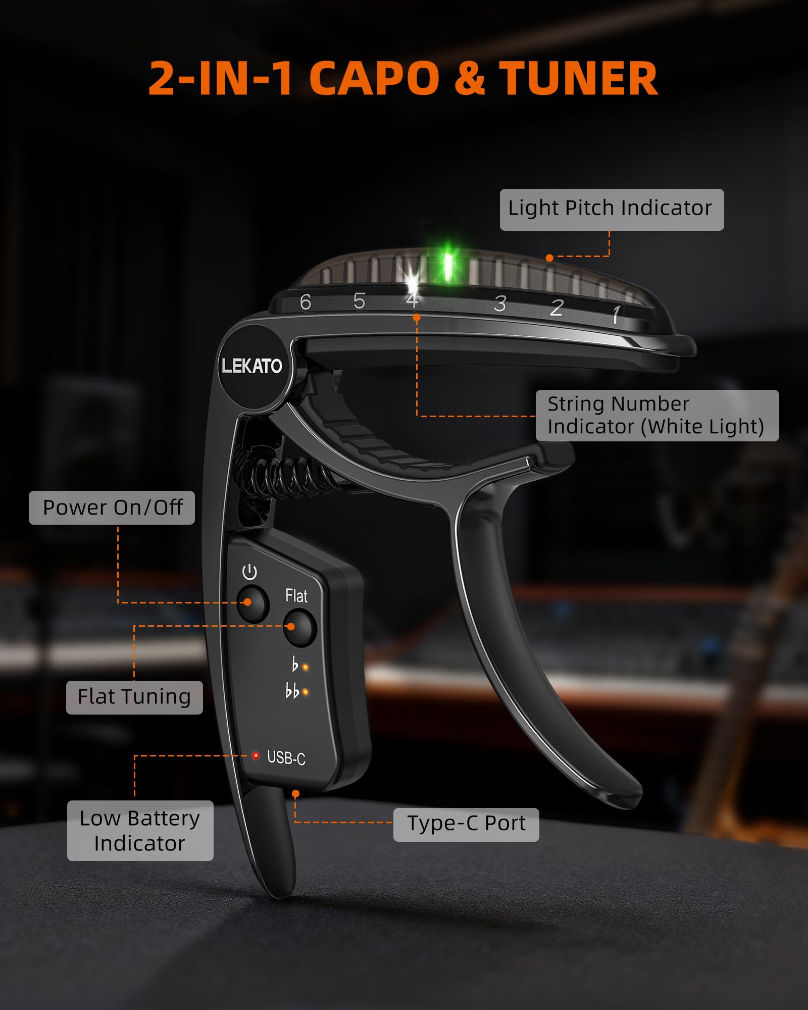 LEKATO TC50 2 In 1 Guitar Capo Tuner Electroplating Black