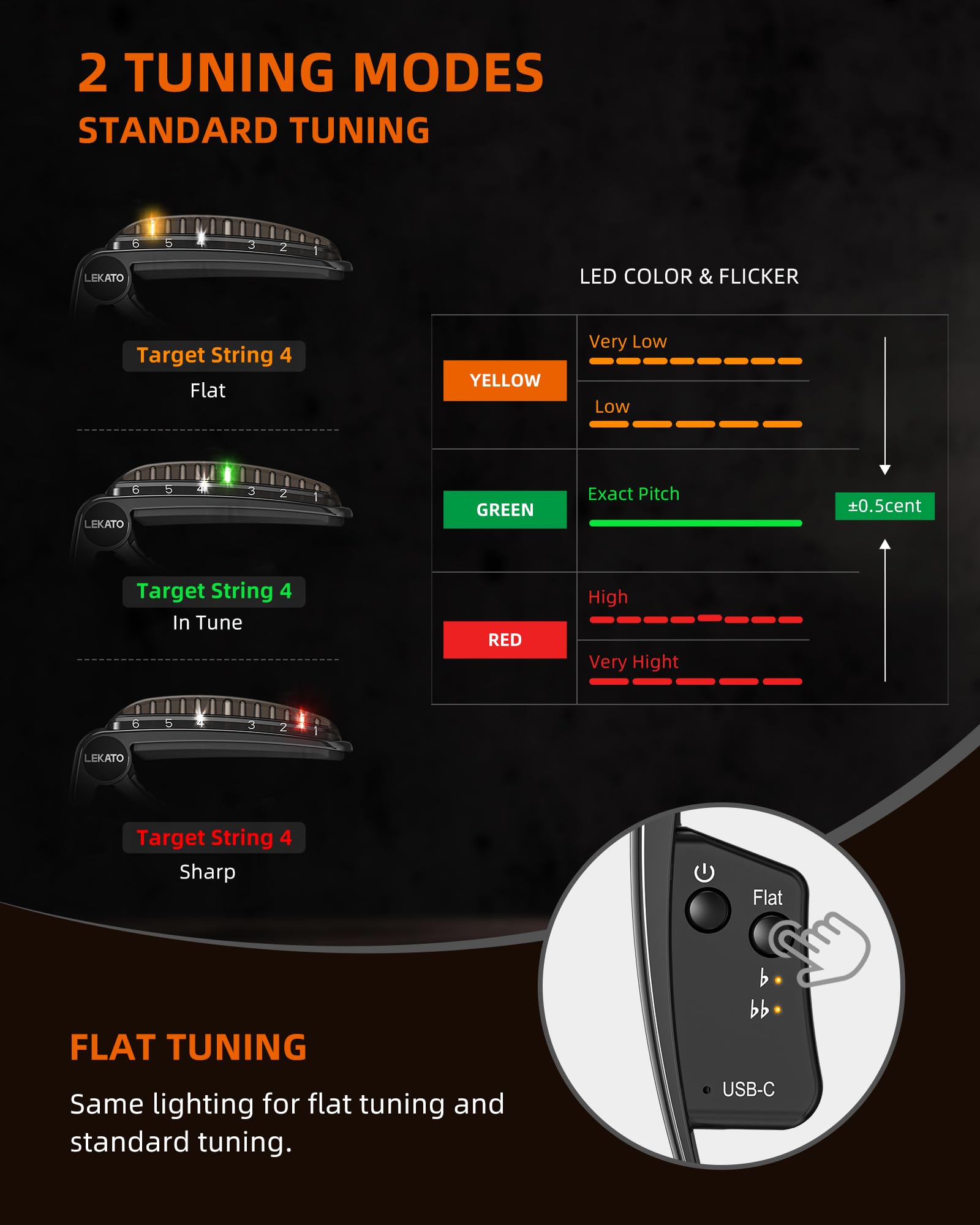 LEKATO TC50 2 In 1 Guitar Capo Tuner Electroplating Black