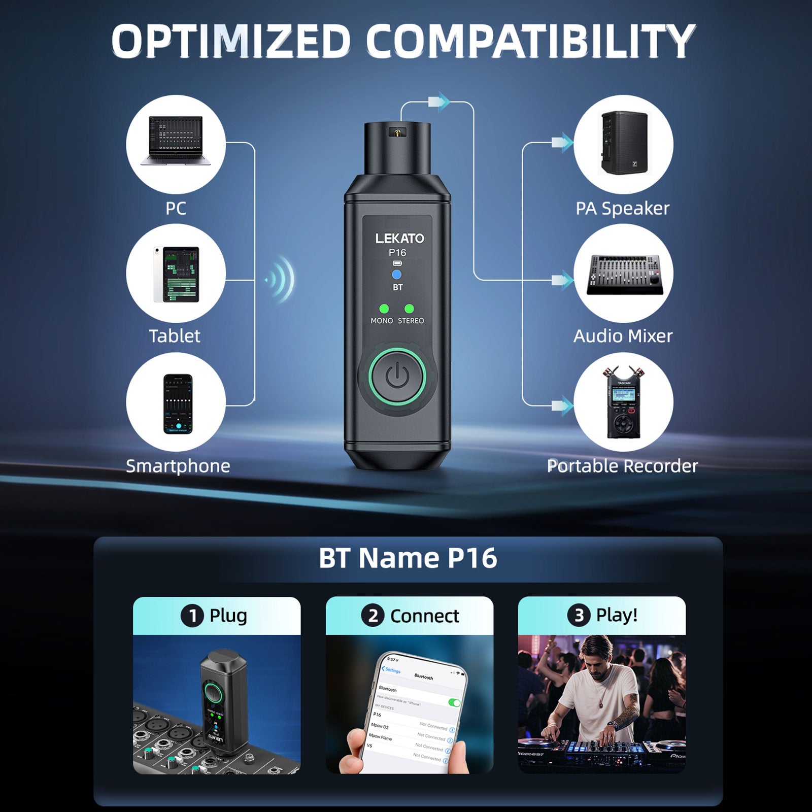 LEKATO P16 XLR Receiver Stereo/Mono Bluetooth Studio Dj XLR Receiver