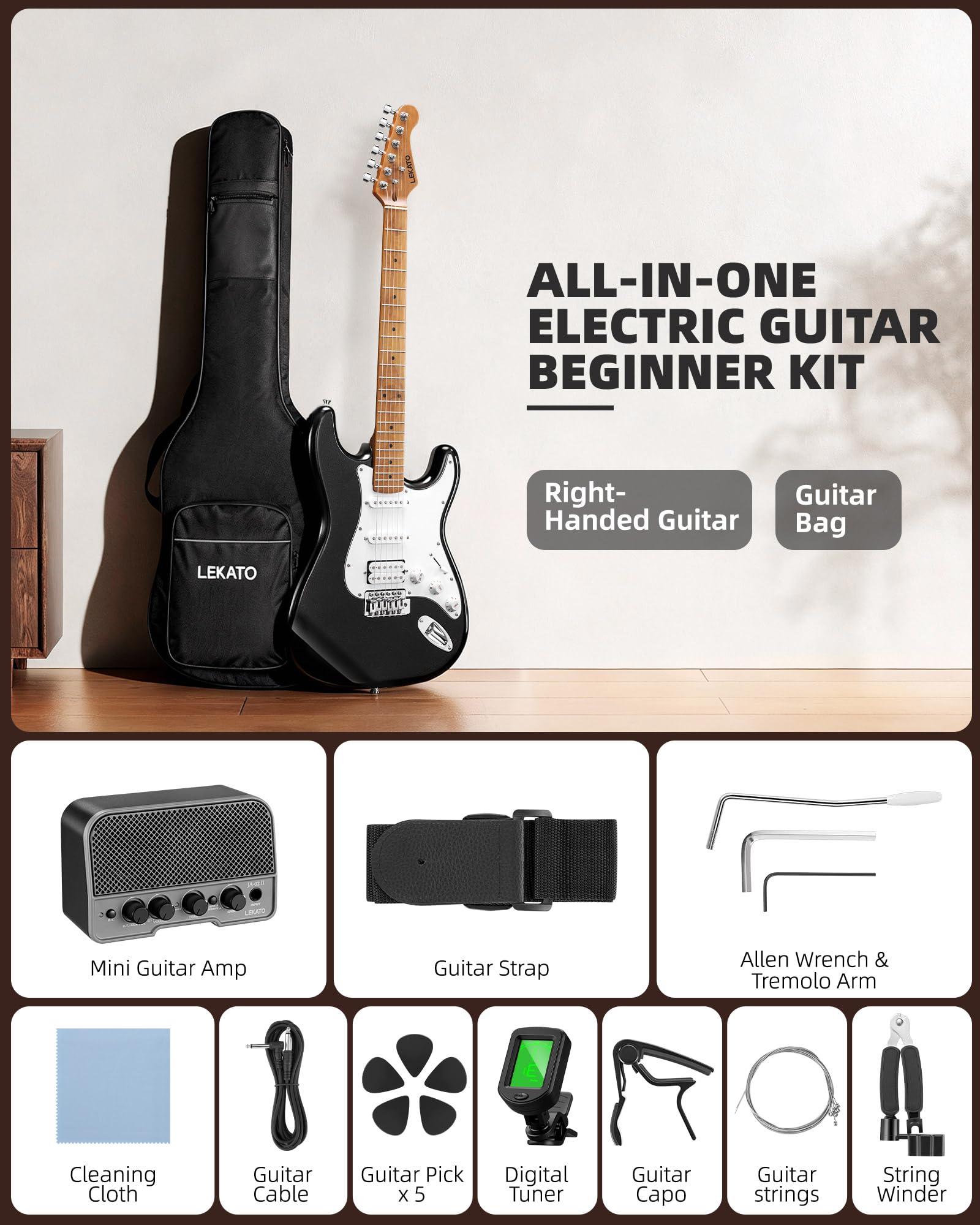 LEKATO ST-01 Black Electric Guitar 39 Inch HSS Guitar