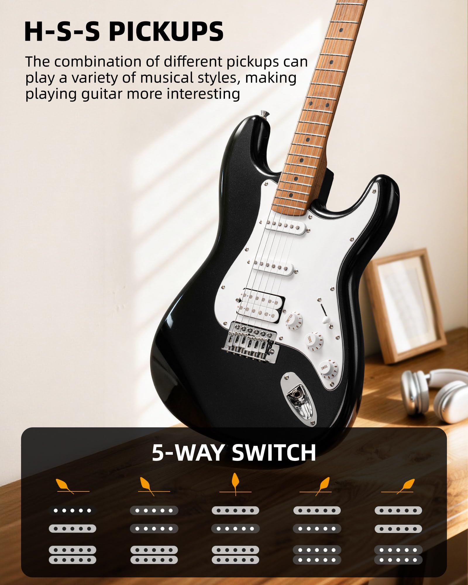 LEKATO ST-01 Black Electric Guitar 39 Inch HSS Guitar