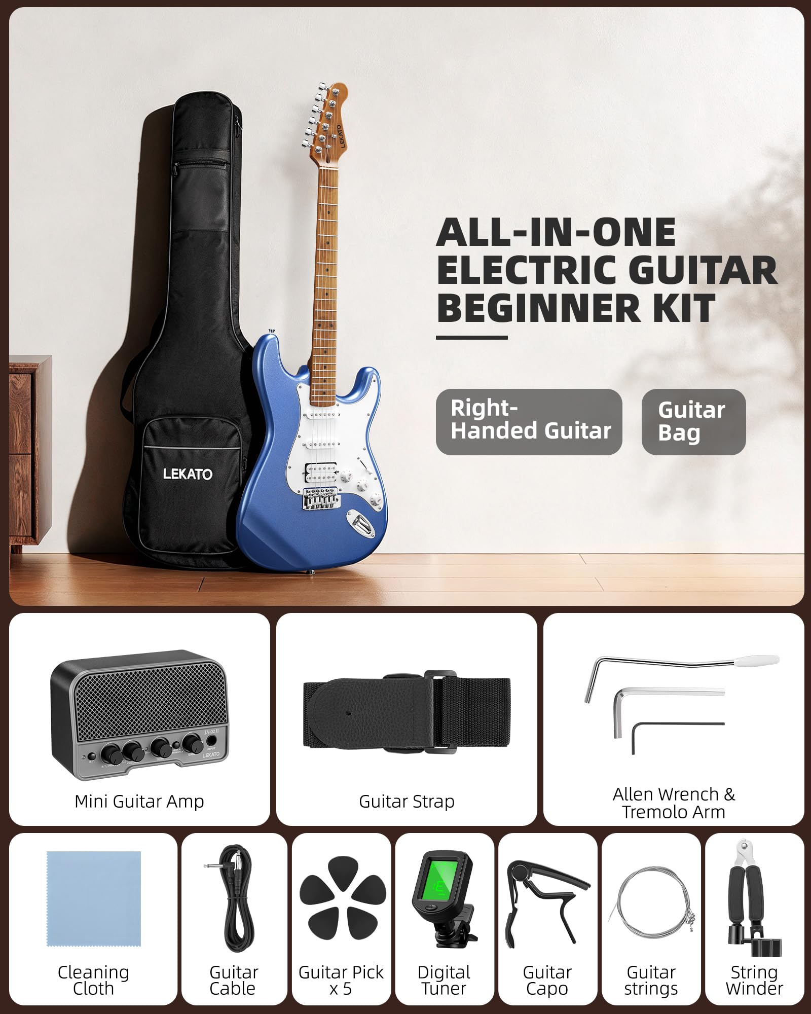 LEKATO ST-01 Blue Electric Guitar 39 Inch HSS Guitar