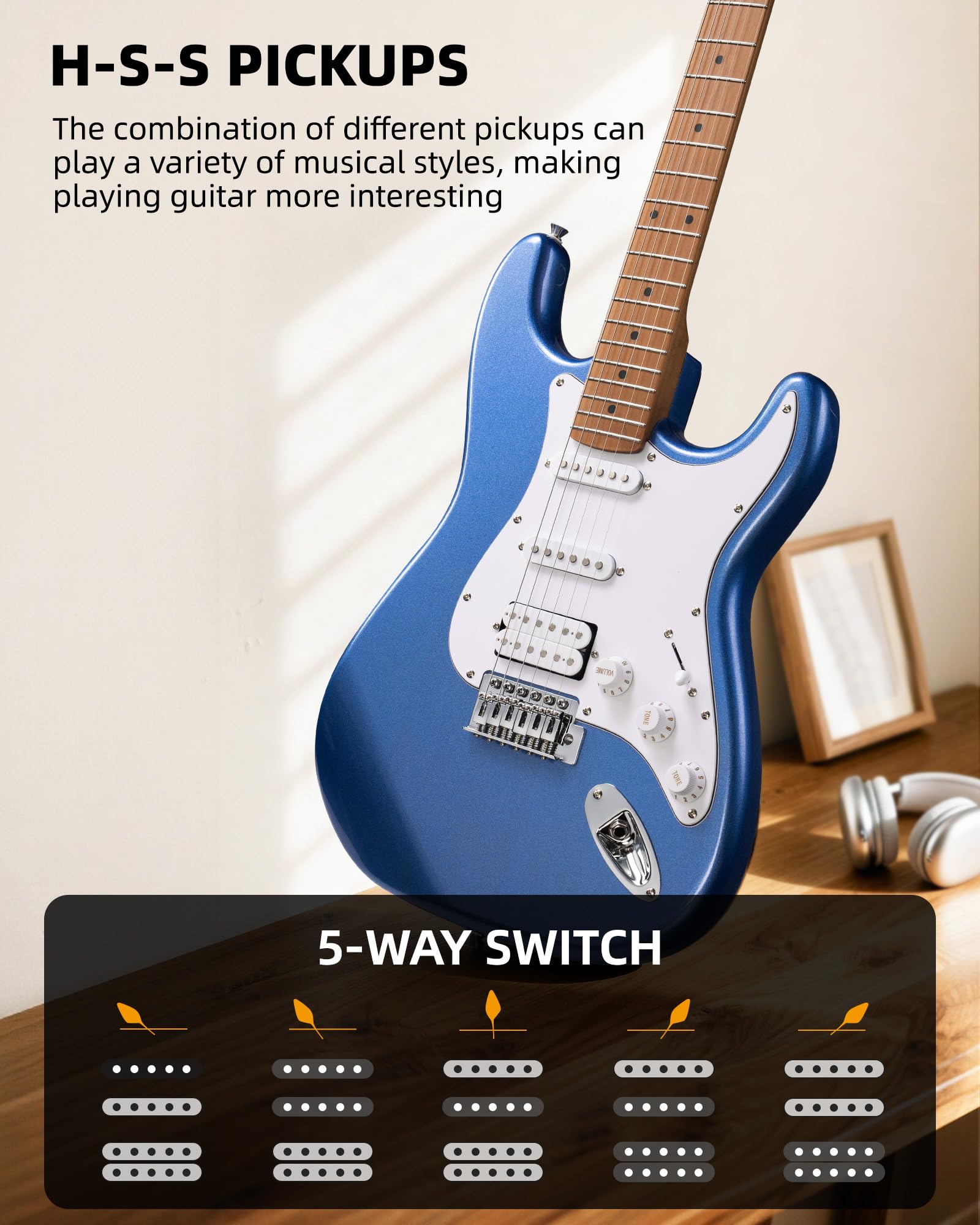 LEKATO ST-01 Blue Electric Guitar 39 Inch HSS Guitar