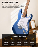 LEKATO ST-01 Blue Electric Guitar 39 Inch HSS Guitar