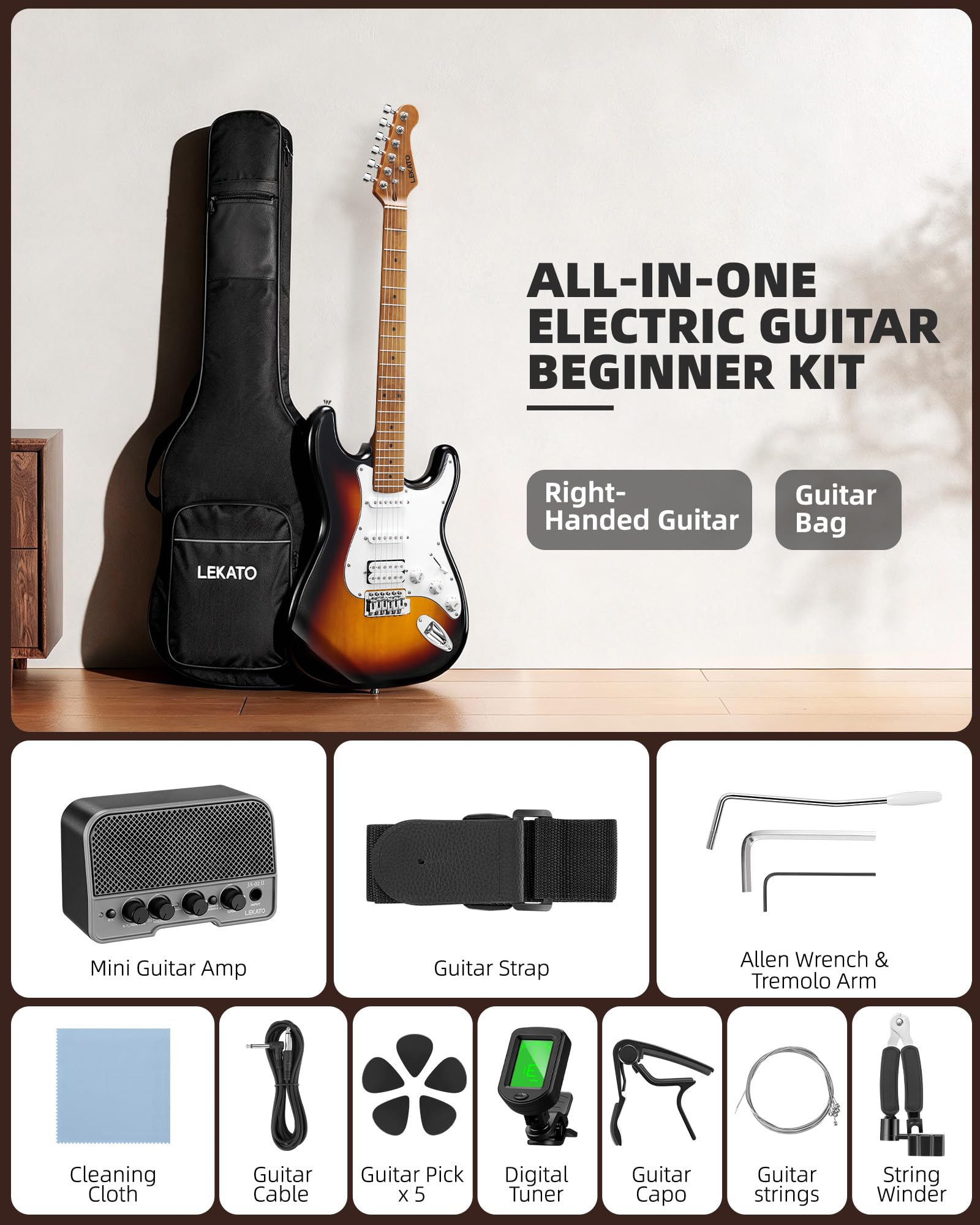 LEKATO ST-01 Sunburst Electric Guitar 39 Inch HSS Guitar