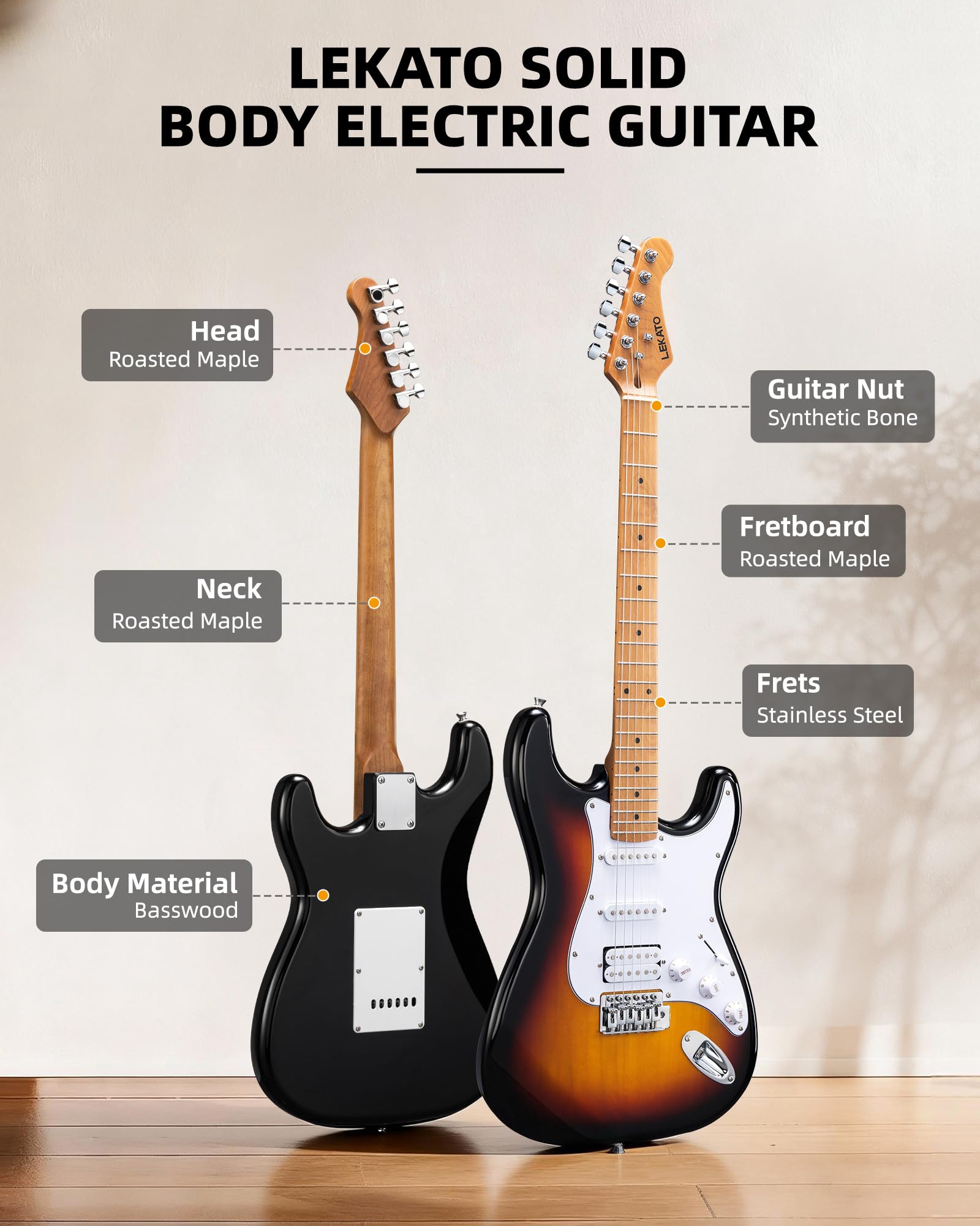 LEKATO ST-01 Sunburst Electric Guitar 39 Inch HSS Guitar