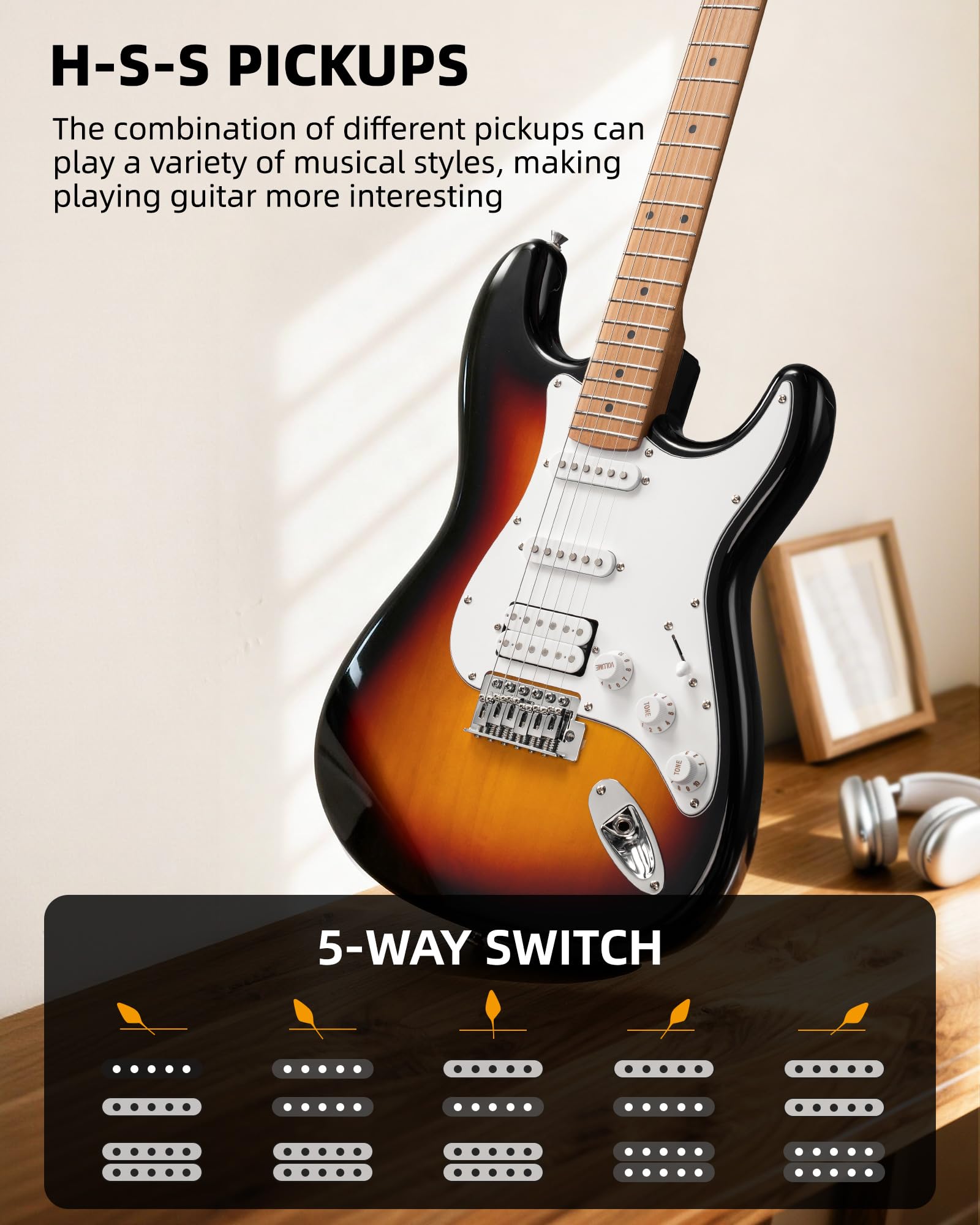 LEKATO ST-01 Sunburst Electric Guitar 39 Inch HSS Guitar