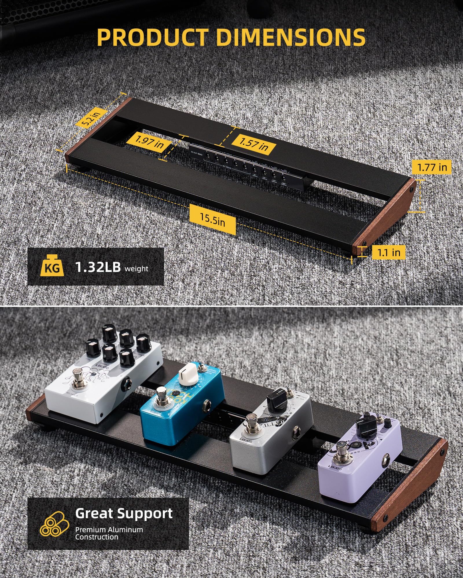 LEKATO PB-01S Guitar Pedal Board w/ Built-in Power Supply(15x5.1x1.6")