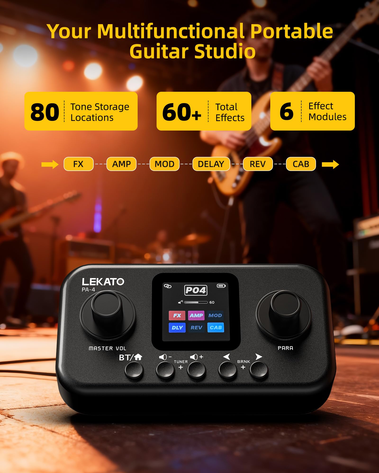 LEKATO PA-4 Pocket Guitar Multi Effects Rechargeable 6 Modules, 80 Presets, 20 Amp Modeling
