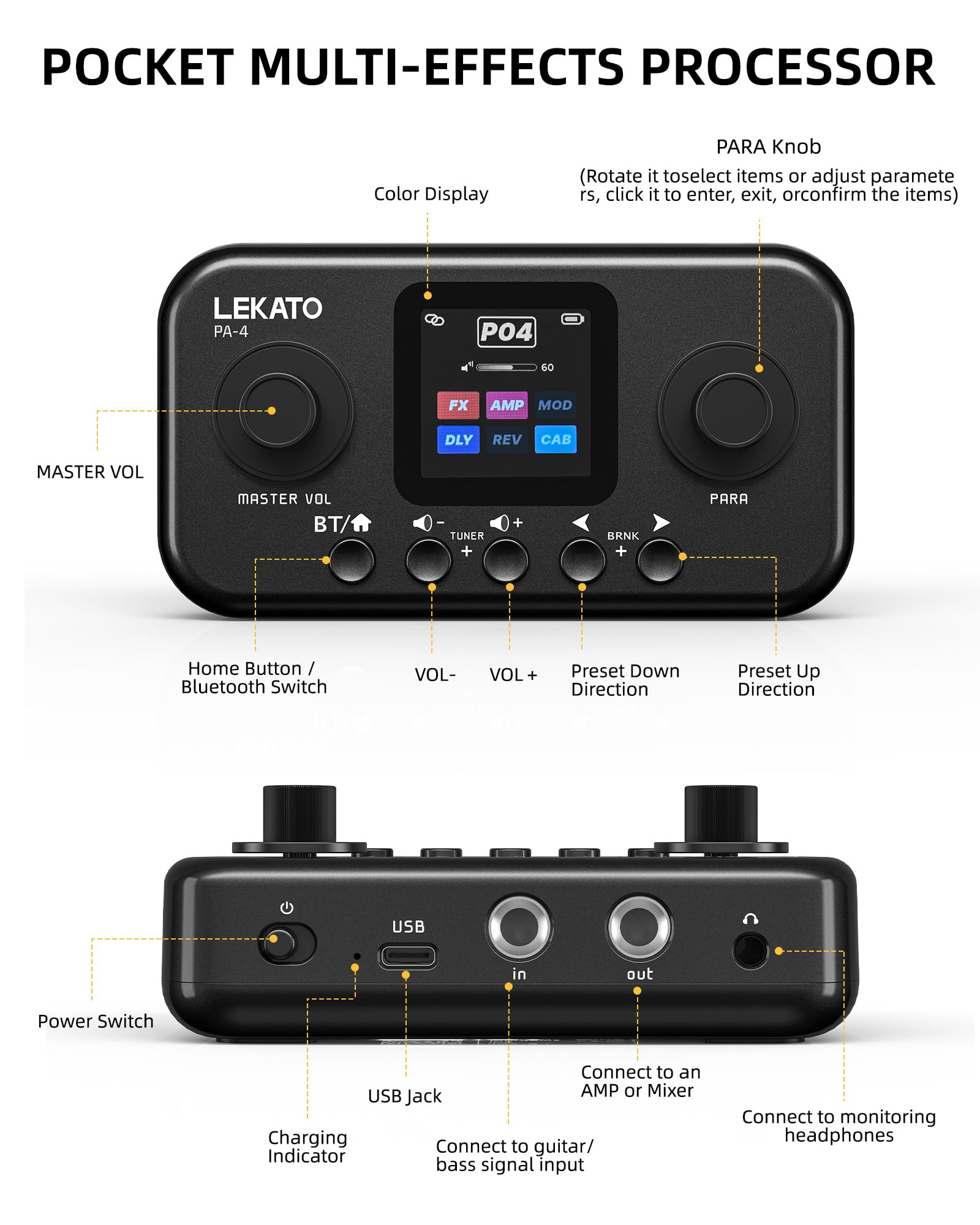 LEKATO PA-4 Pocket Guitar Multi Effects Rechargeable 6 Modules, 80 Presets, 20 Amp Modeling