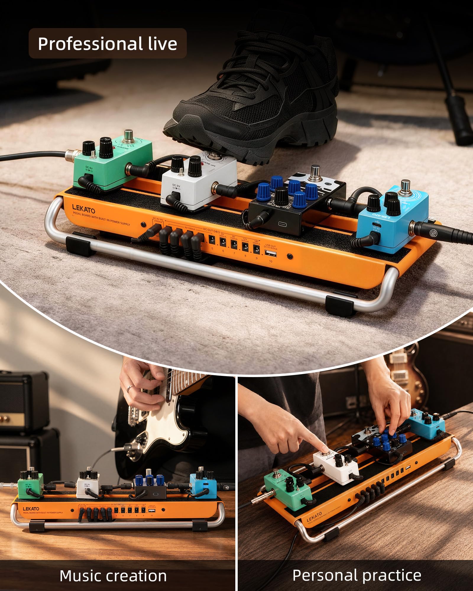 LEKATO PB-04S Guitar Pedal Board w/ Built-in Power Supply(16x7.2x4.4")
