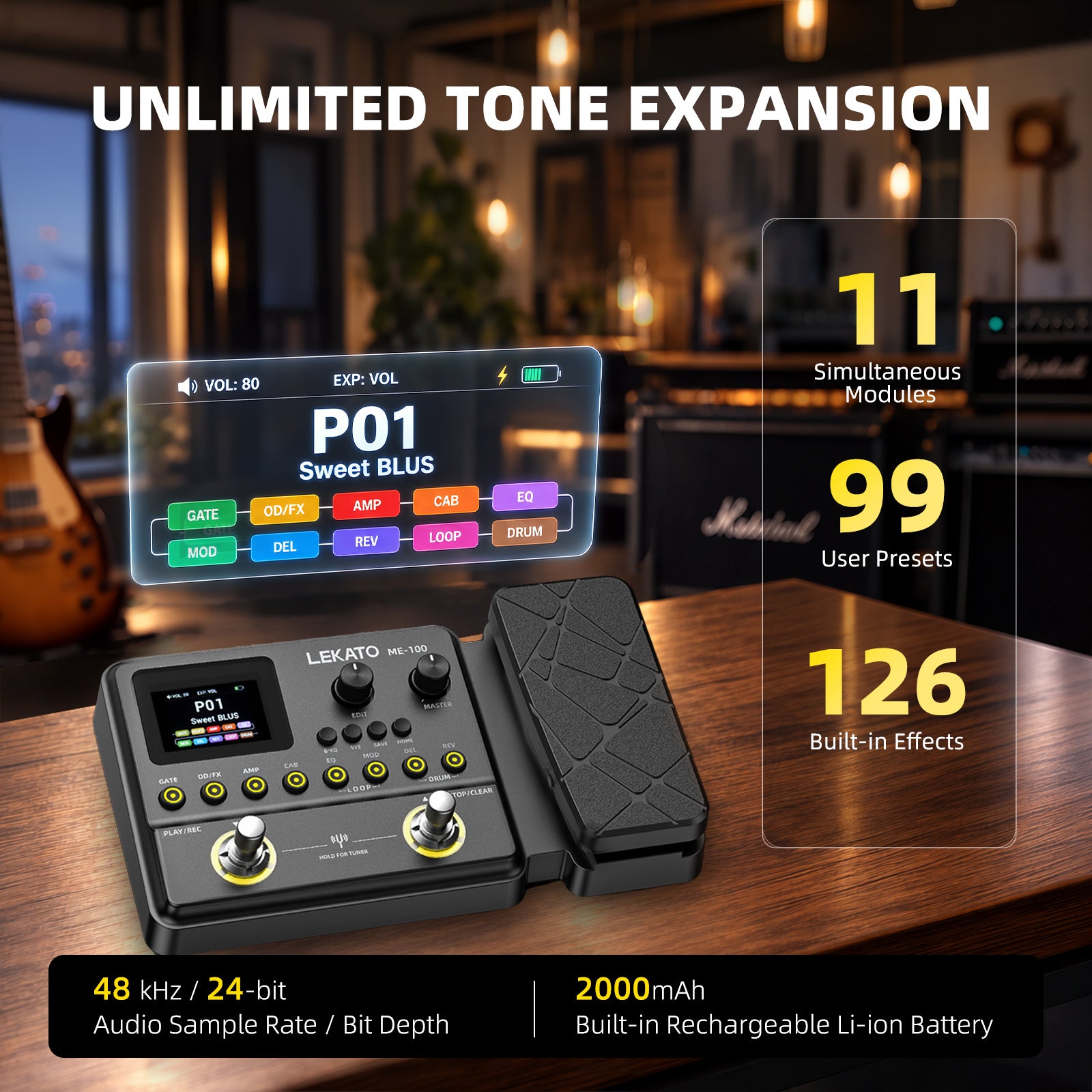 LEKATO ME-100 Guitar Multi Effects Pedal Sims NAM IR Loading OTG/ASIO Live Streaming Recording