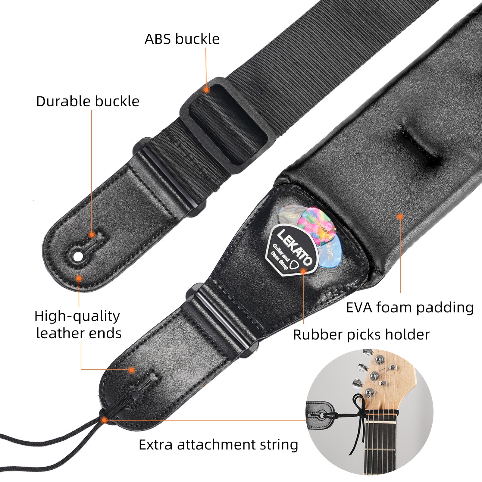 LEKATO LGS-20 Guitar Strap 3.5 Inch Wide EVA Thickened Padded PU Leather