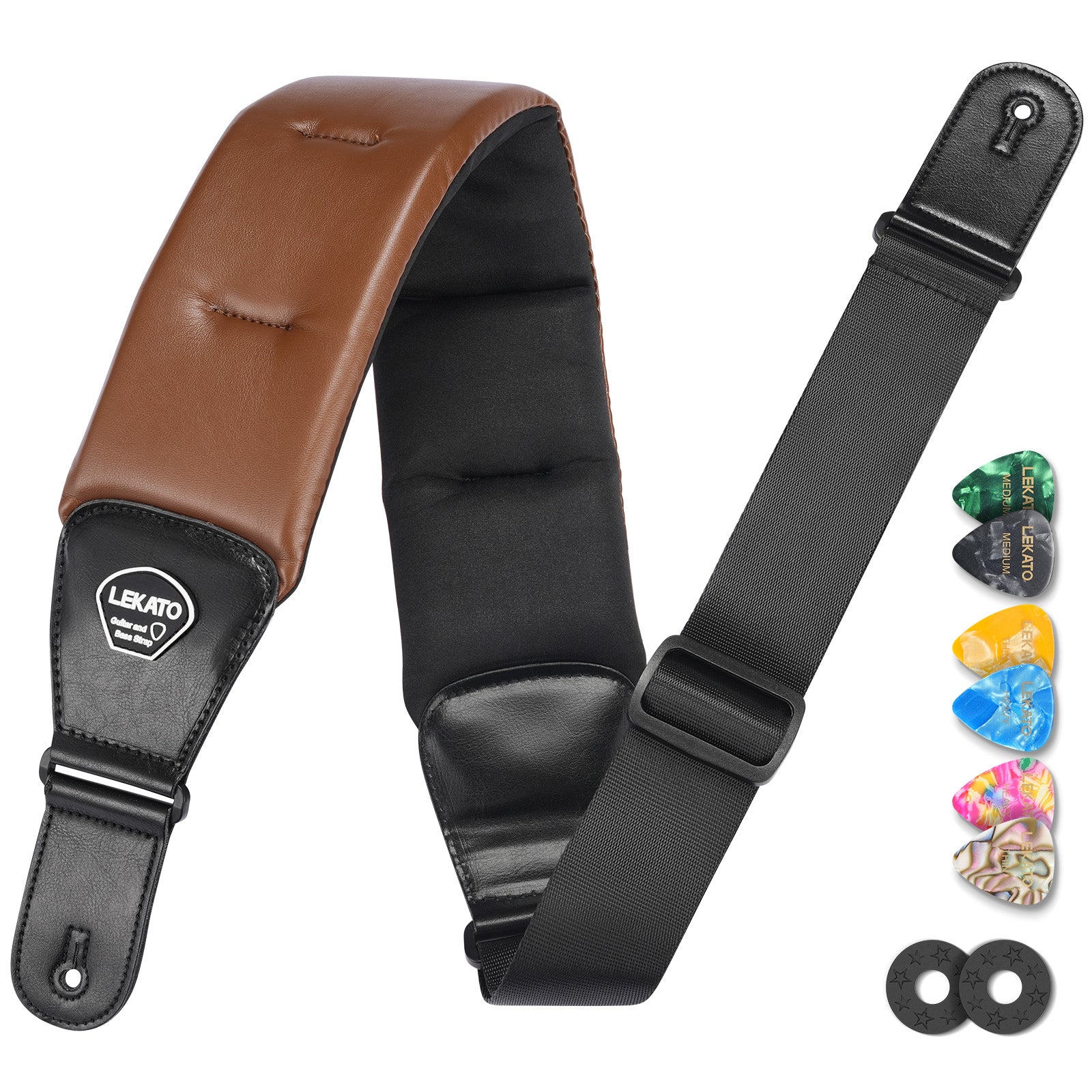 LEKATO LGS-20 Guitar Strap 3.5 Inch Wide EVA Thickened Padded PU Leather