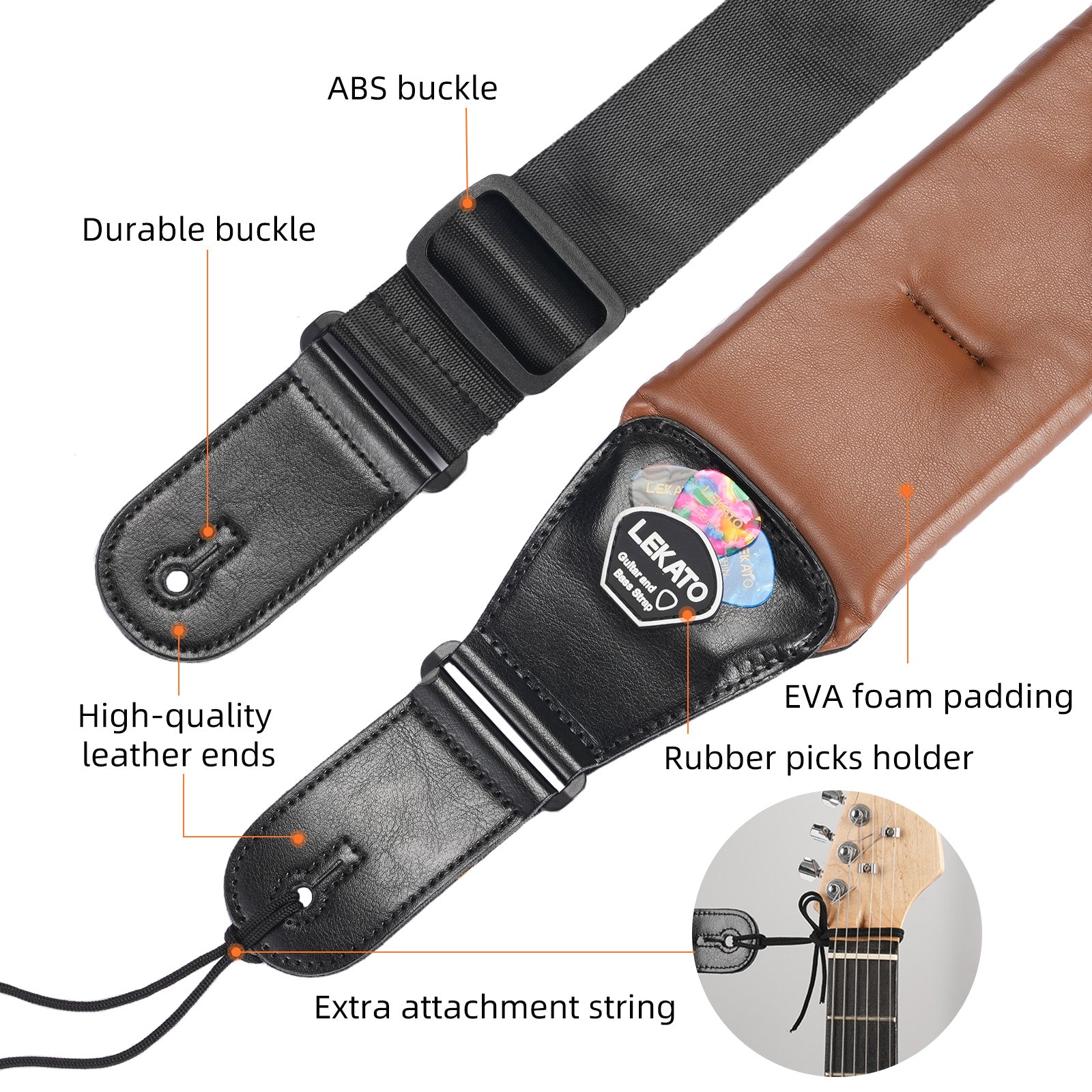 LEKATO LGS-20 Guitar Strap 3.5 Inch Wide EVA Thickened Padded PU Leather