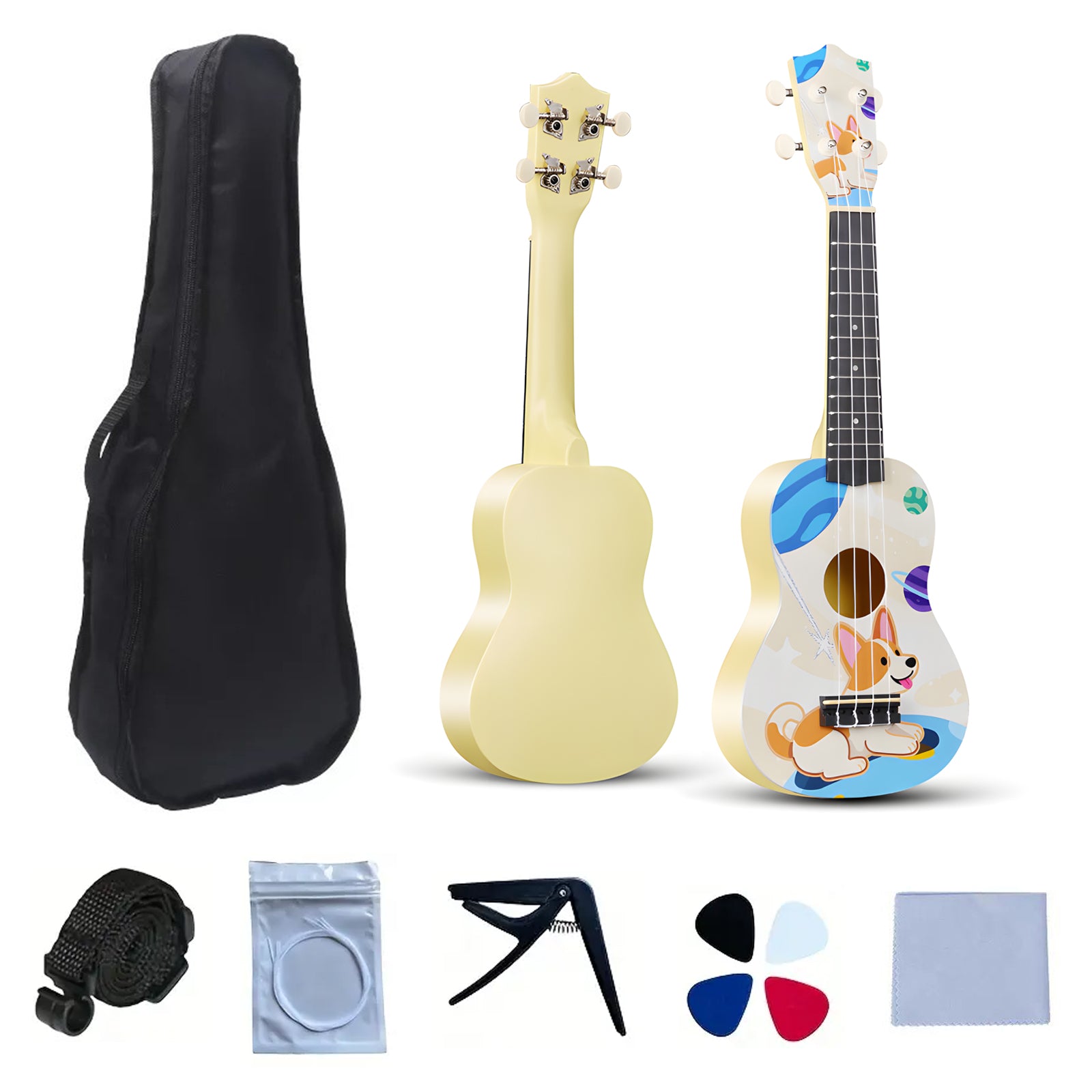 LEKATO 21 Inch Animal Cartoon Painting Ukulele Composite Carbon Fiber Travel Set