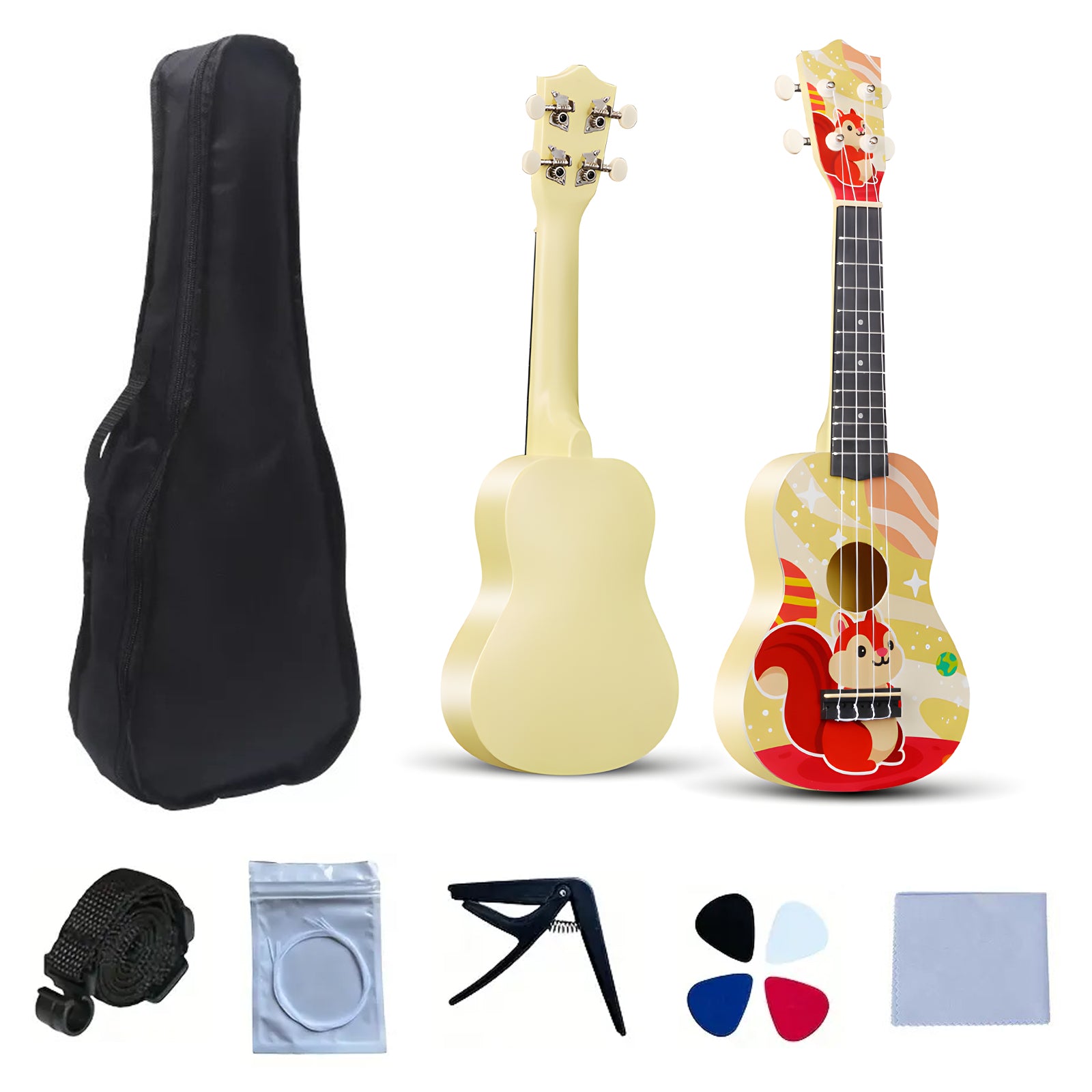 LEKATO 21 Inch Animal Cartoon Painting Ukulele Composite Carbon Fiber Travel Set