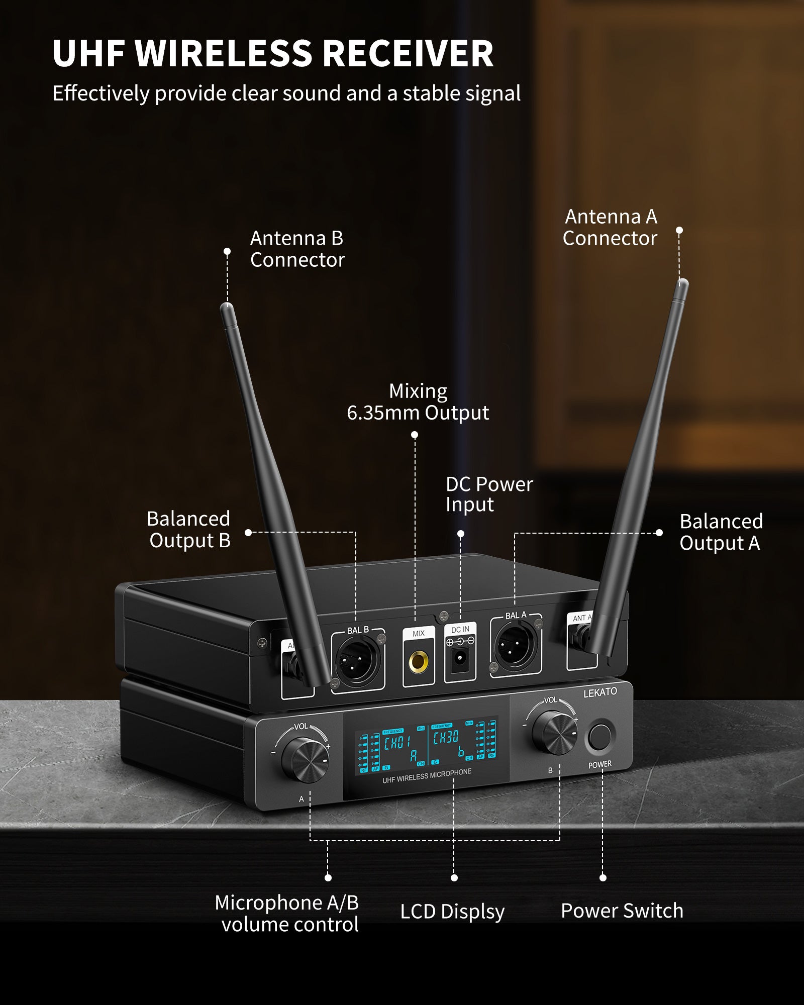 LEKATO BKW-12 UHF Wireless Microphone Dynamic Set