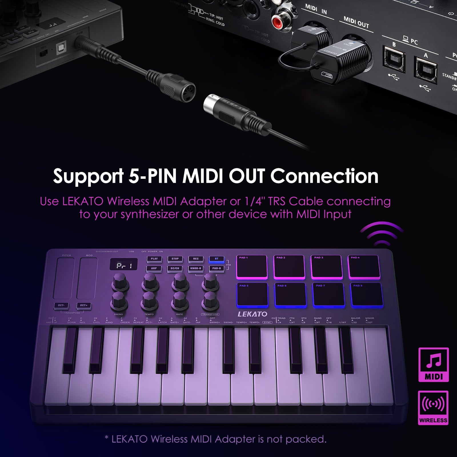 LEKATO 25 Keys MIDI Keyboard Controller USB 8 RGB Backlit CubeSuite So ...