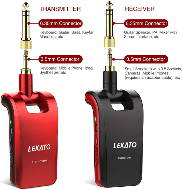 LEKATO WS-60 2.4G Wireless Guitar System Transmitter Receiver Black & Red Kit