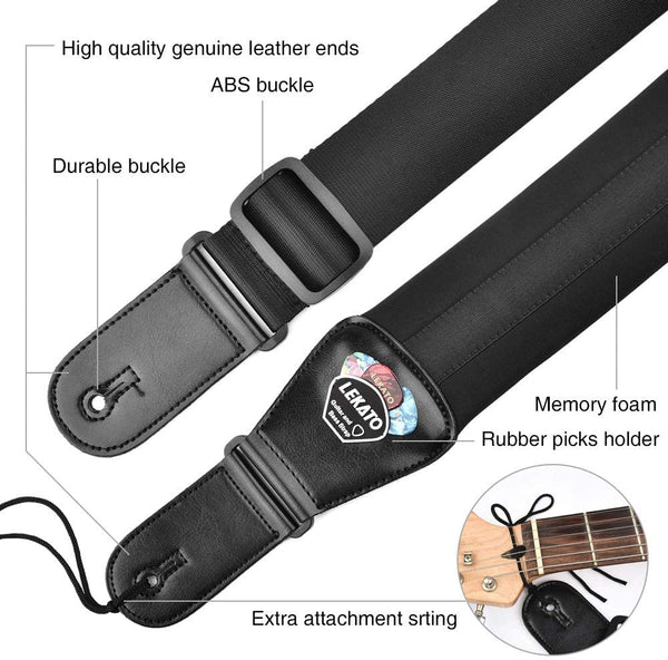Lekato Adjustable Electric Guitar Strap Bass Belt 3 inch Wide, with 6 picks （M01400）