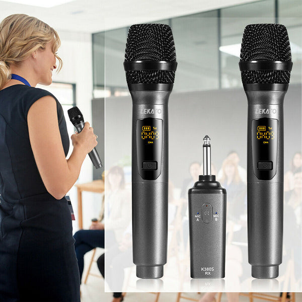 LEKATO – Microphone métallique sans fil, Rechargeable, double, avec 25  canaux, pour mariage, karaoké